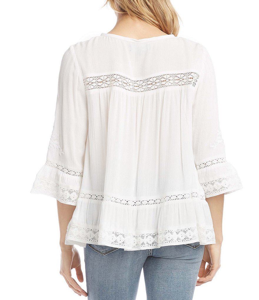 Karen Kane Embroidered V-Neck Lace Inset Flare Sleeve Top