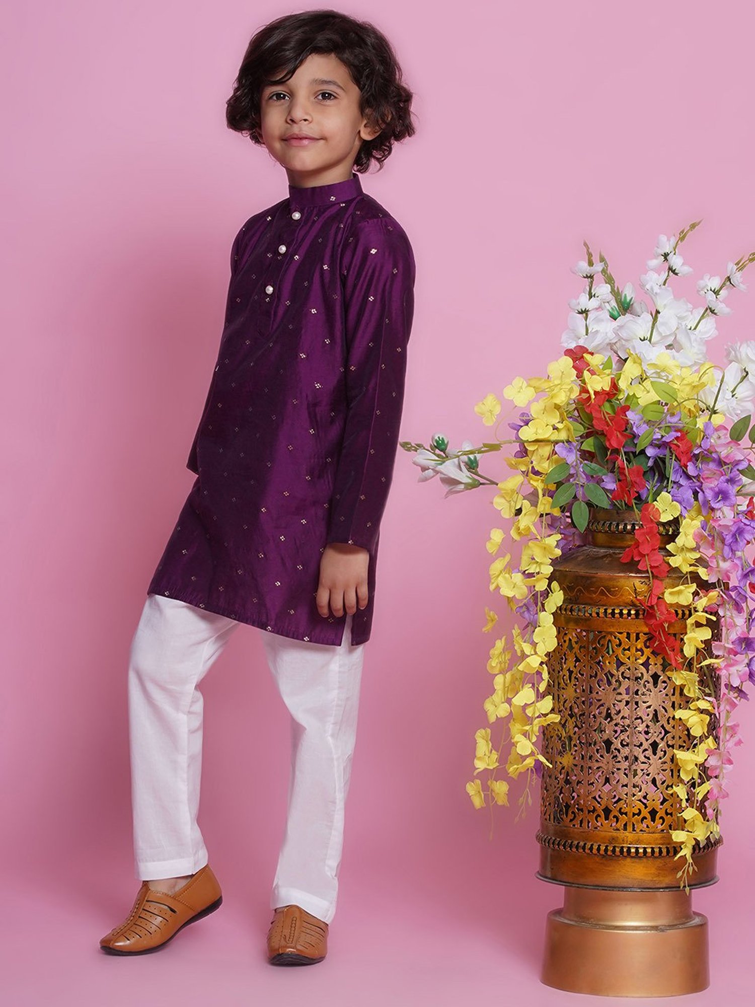 Little Bansi Boys Purple & White Self Design Full Sleeves Kurta with Pyjamas