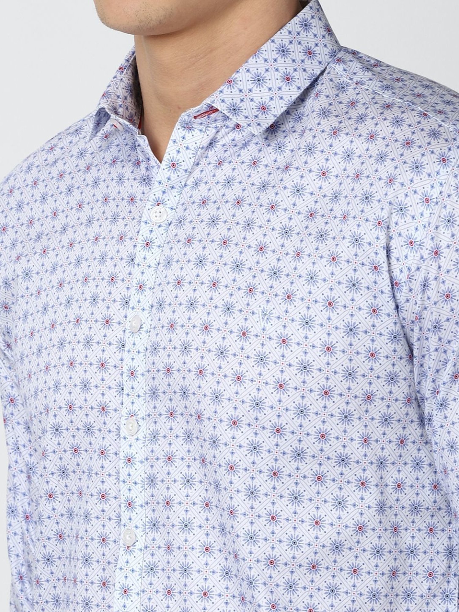 V Dot Blue Cotton Slim Fit Printed Shirt