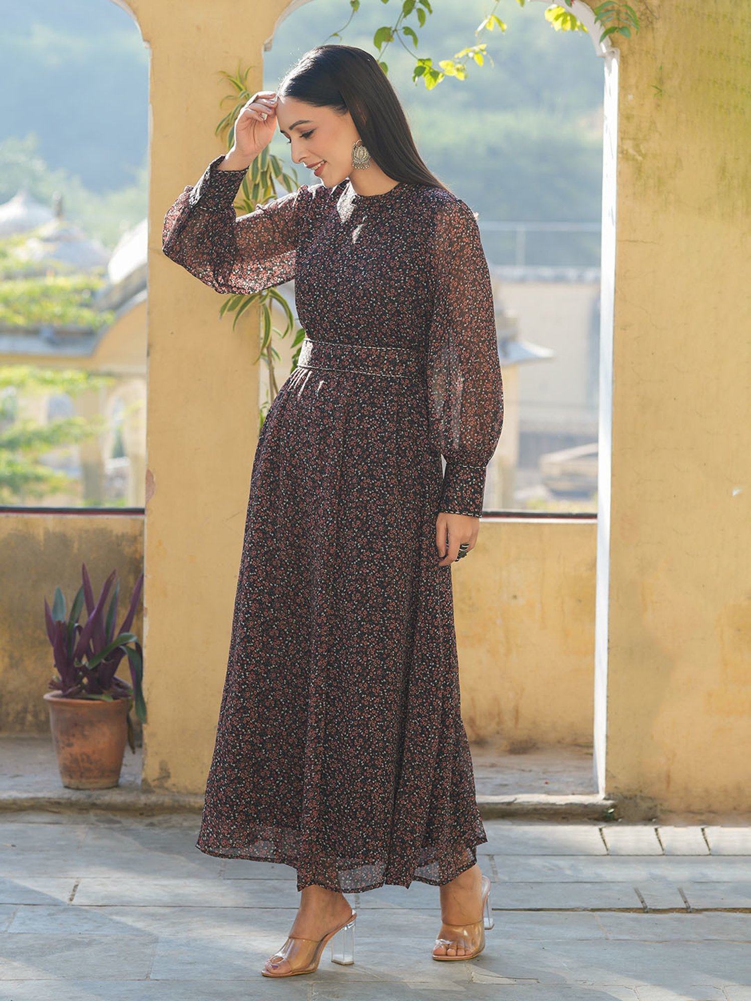 Juniper Black Floral Printed Chiffon Flared Maxi Dress With Buttons