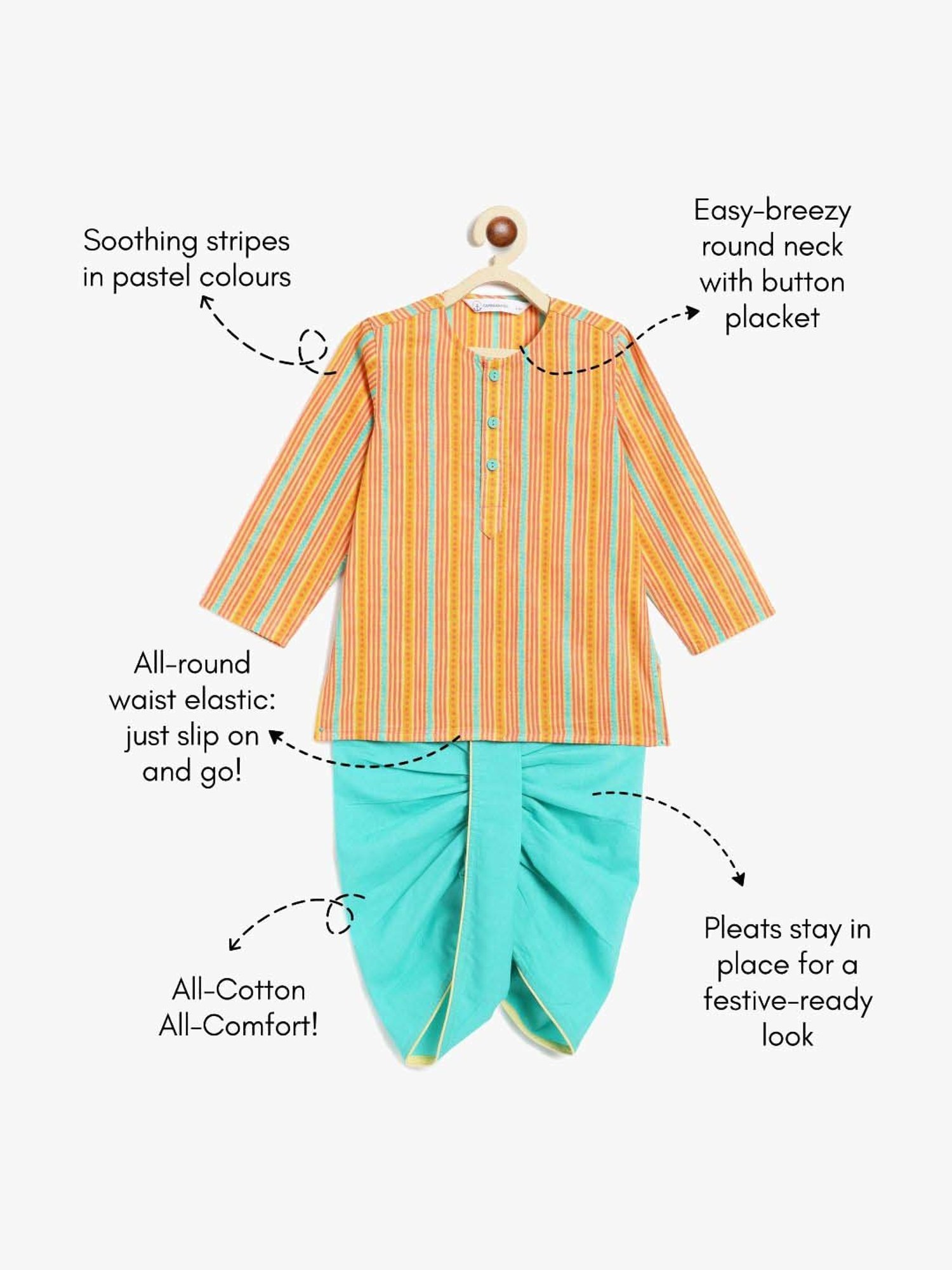 Campana Kids Yellow & Blue Cotton Printed Full Sleeves Kurta & Dhoti