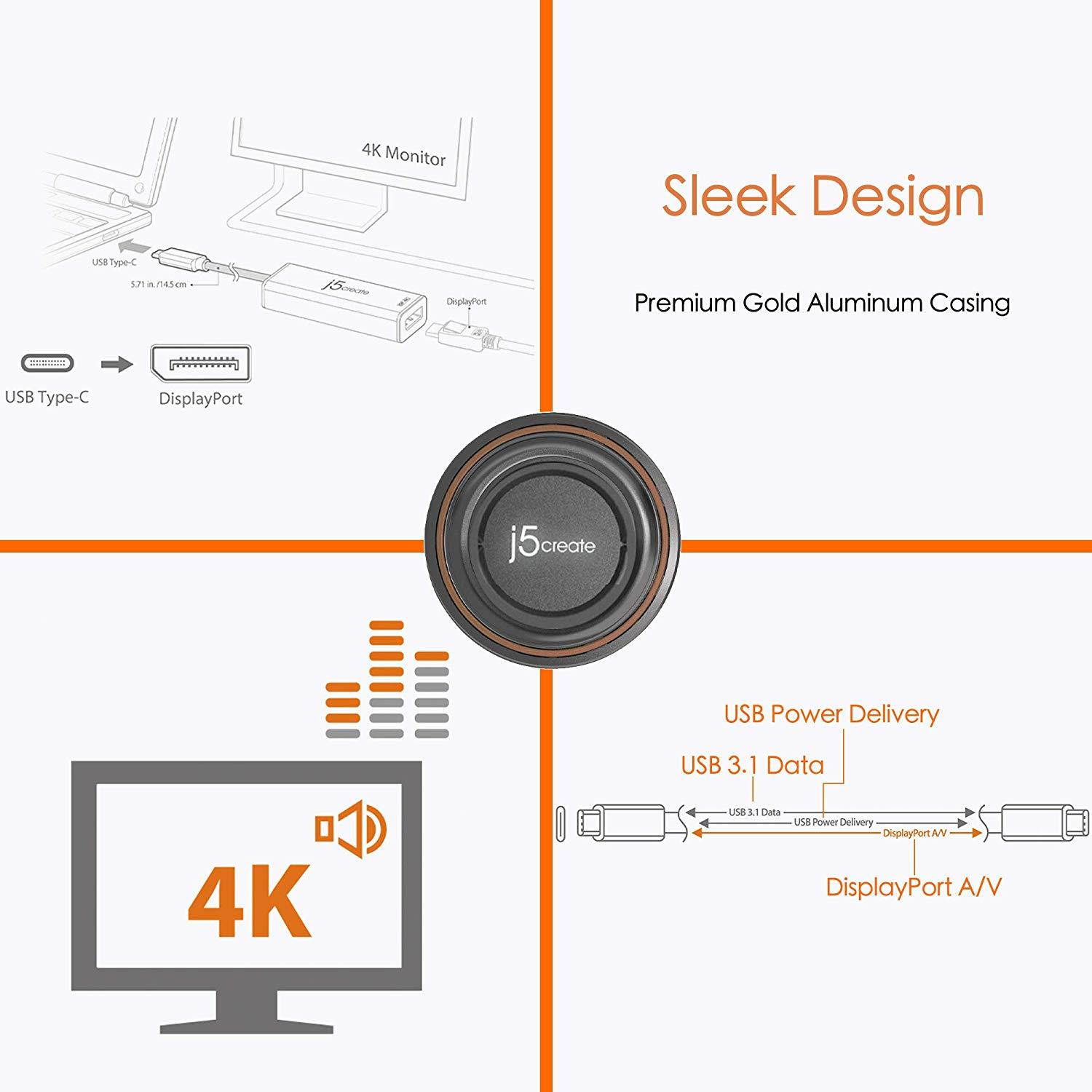 j5create USB C to DisplayPort Adapter Cable 4K@60Hz Type C Dongle Connects External Monitor Display, HDTV, Projector for MacBook, Chromebook, Laptops, Phones, Tablets, PC with USB-C Port