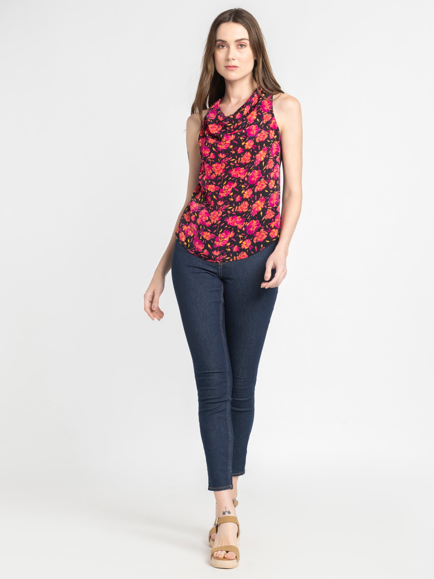 SHAYE Black & Pink Floral Print Top