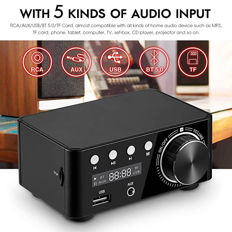100W Mini Bluetooth 5.0 Power Amplifier Hi-Fi Stereo Class D Audio Amp 2.0 Channel Wireless Receiver Lossless Music Player TF USB Home Speaker (Black)