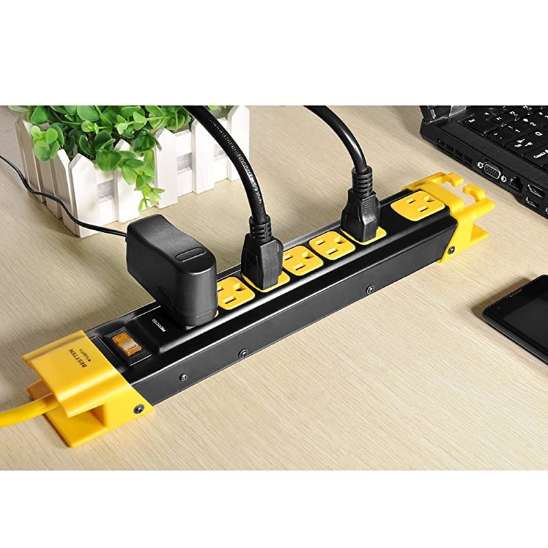7 Outlet Heavy Duty Metal Surge Protector Power Strip with Cord Management 9Foot Cord ETL Certified Yellow