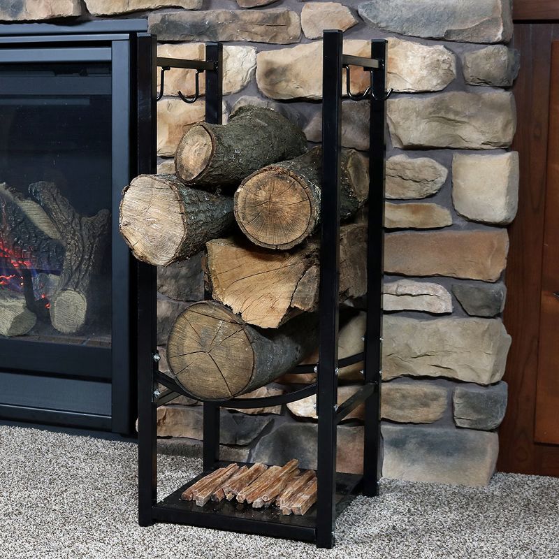 Sunnydaze Indoor/Outdoor Steel Fire Pit or Fireplace Firewood Log Rack Holder with Hooks - 32" - Black