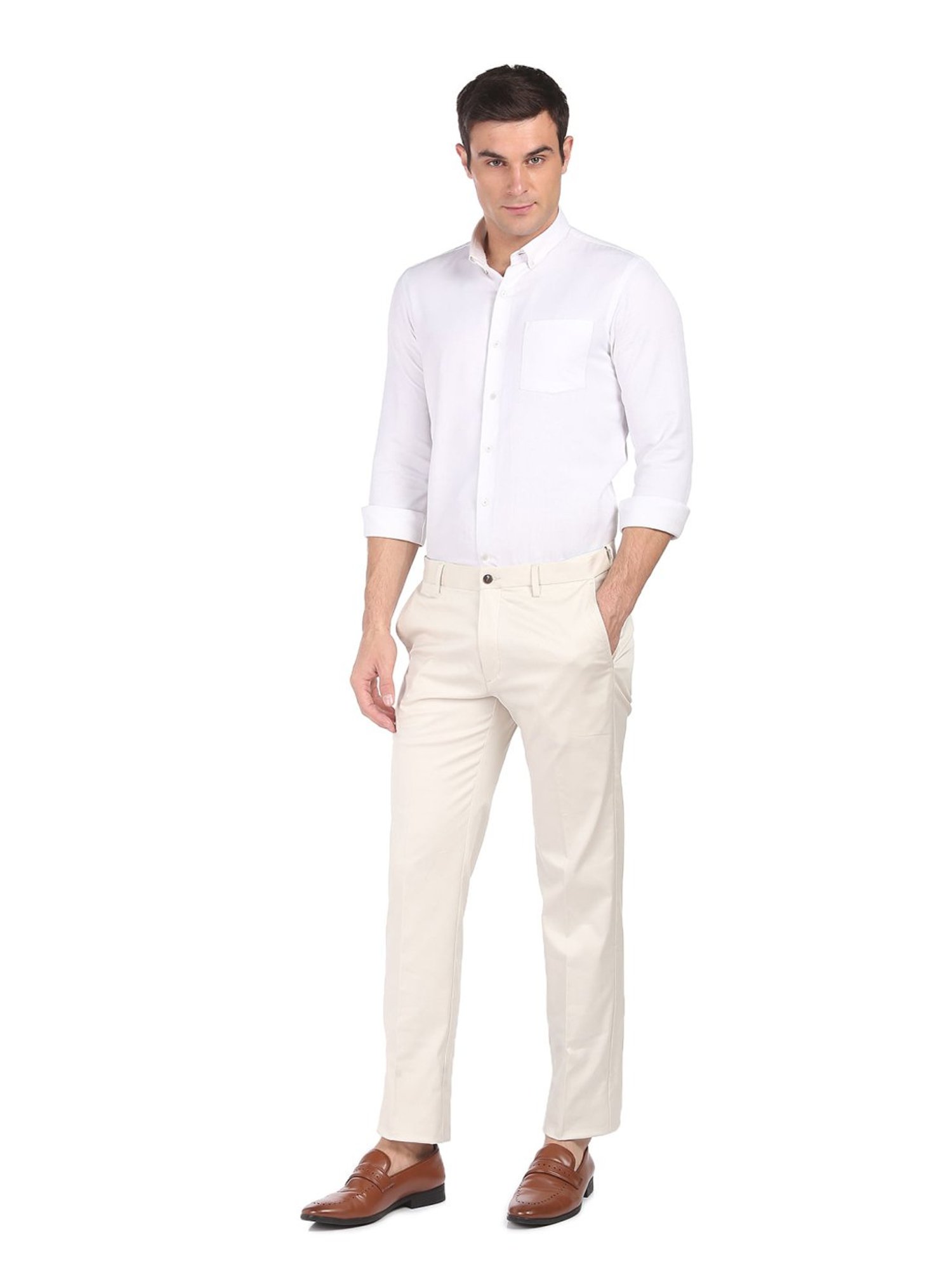 Arrow White Cotton Regular Fit Trousers