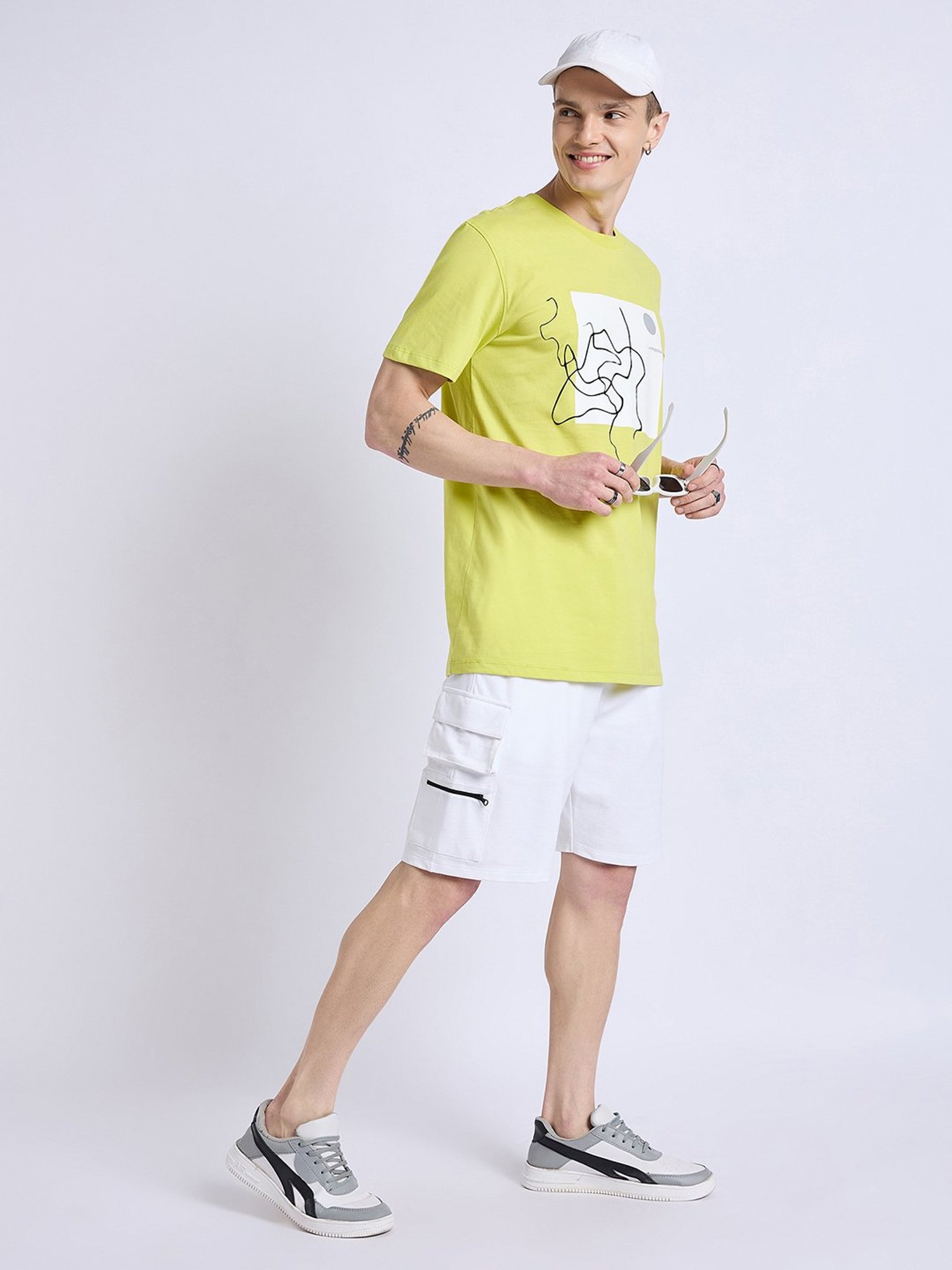 EDRIO Lime Green Regular Fit Graphic Print Crew T-Shirt