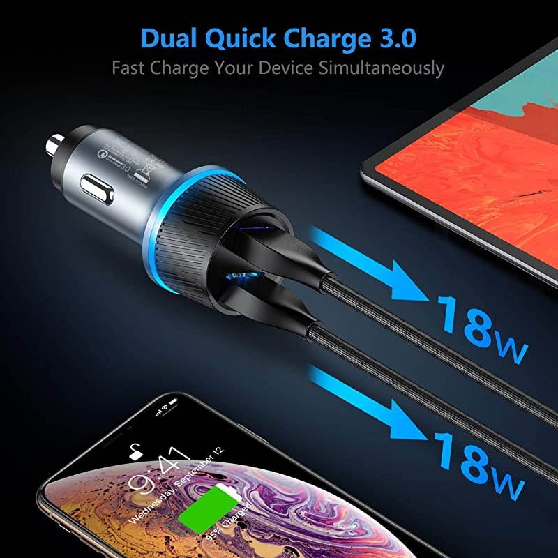 Car Charger 36W Double Quick Charge 30 Fast Car ChargerUSB Car Charger AdapterAutomatically IdentifyCompatible for iPhone XRXSXXs MaxSamsung Galaxy S7S9S8+More Mode