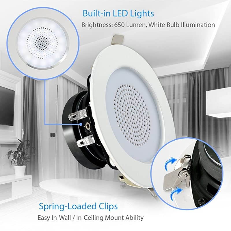 3&rdquo; Bluetooth Flush Mount in-Wall in-Ceiling 2-Way Home Speaker System Built-in LED Lights Aluminum Housing Spring Loaded Clips Polyprone Cone & Tweeter Stereo 200W, Set of 4 (PDIC4CBTL3B) , White