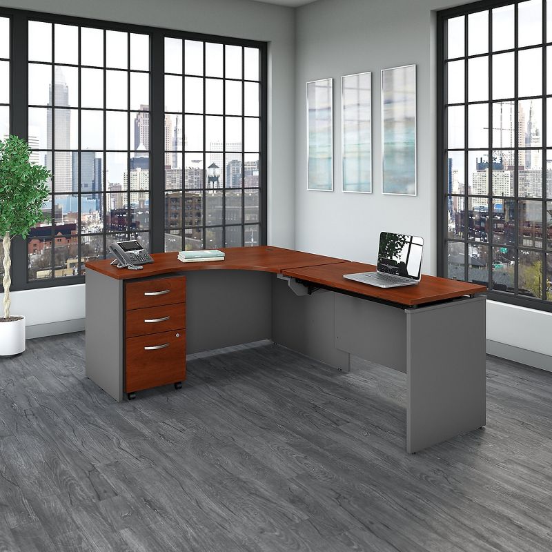 Bush Business Furniture 60Wx43D Right Hand 3 Pos Sit-Stand L Desk w/File Cab, Hansen Cherry