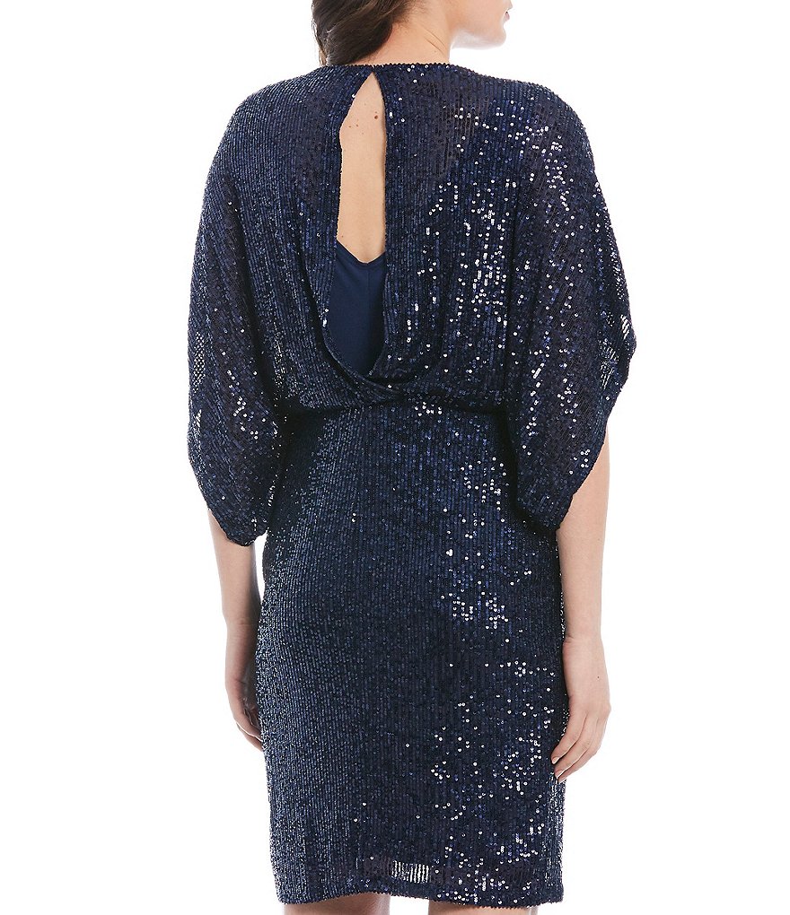 Marina Allover Sequin Boat Neck Dolman Sleeve Blouson Sheath Dress
