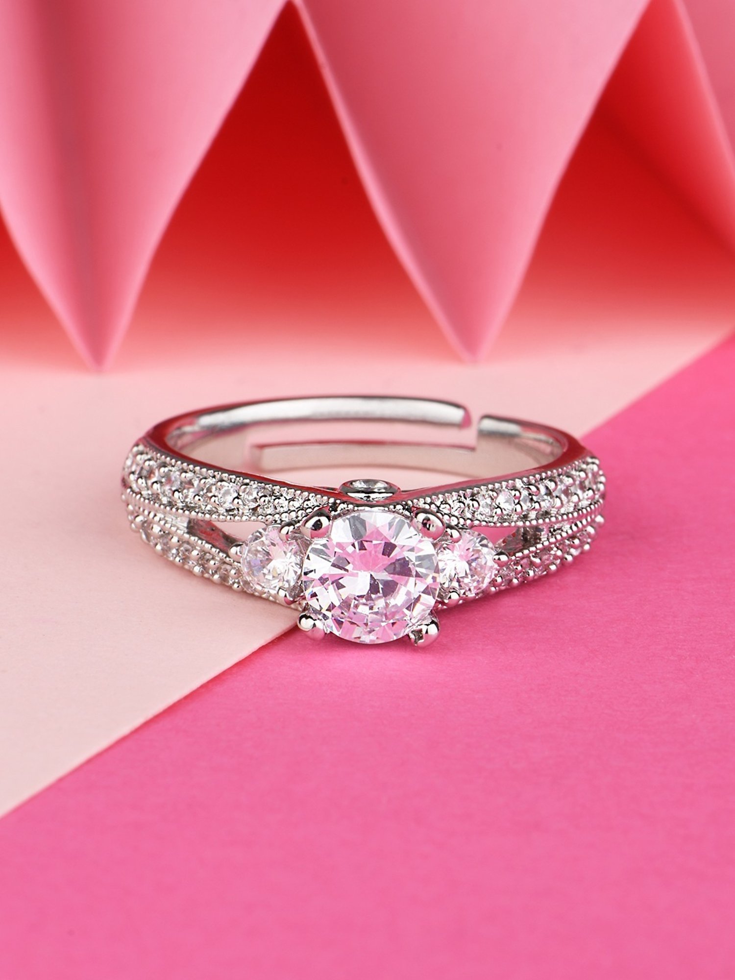 Lilly & Sparkle Brass Rhodium Plated Adjustable Finger Ring with CZ Stone