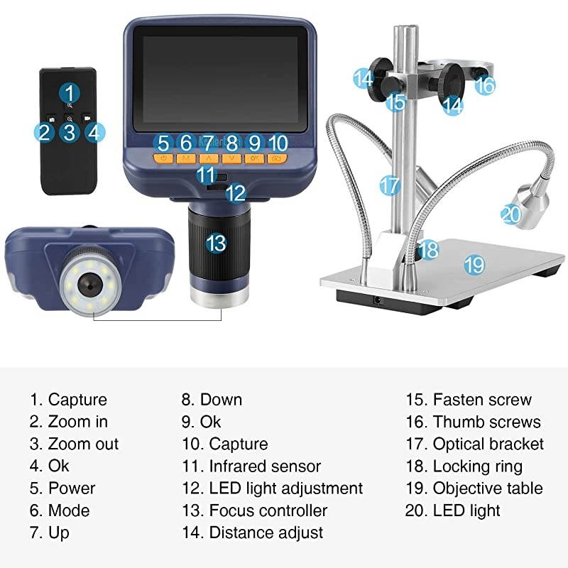 43 inch 1080P LCD Digital USB Microscope with 10X220X Magnification Zoom8 LED Adjustable LightCamera Video Recorder for Phone Repair Soldering Tool Jewelry Appraisal Biologic Use