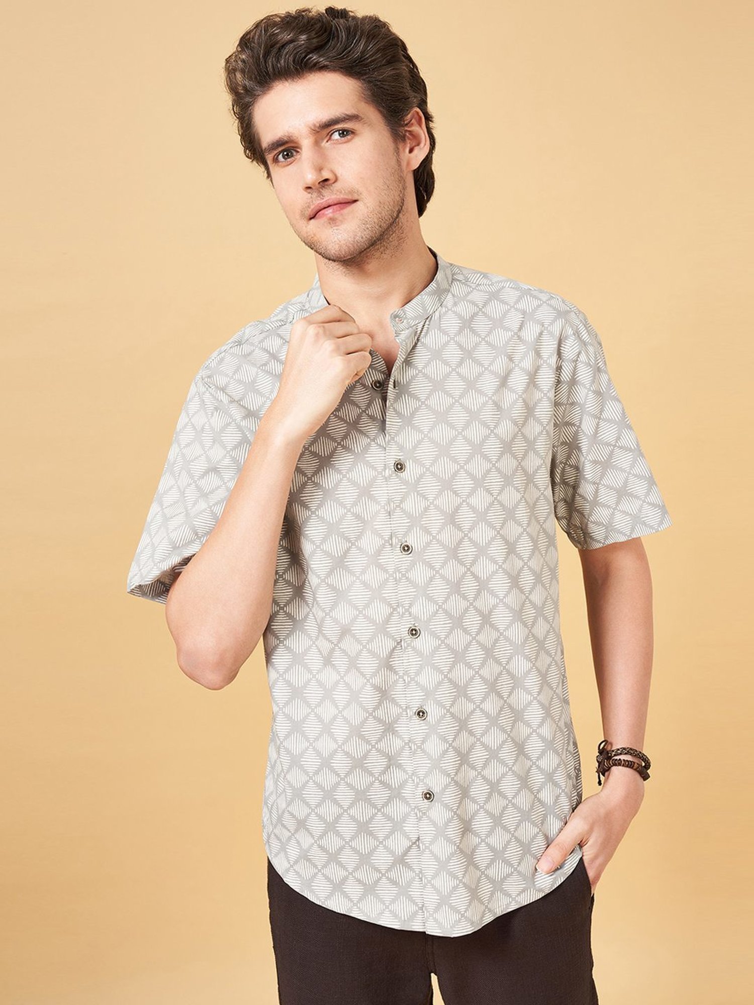 Indus Route by Pantaloons Desert Sage Regular Fit Printed Shirt