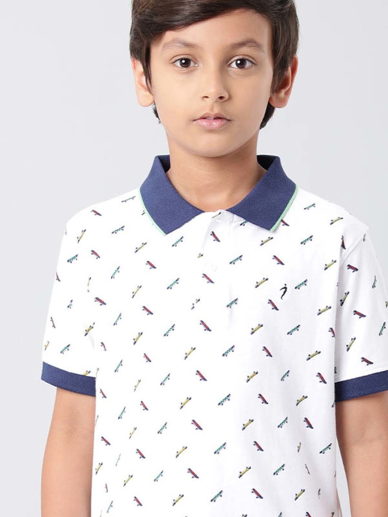 Indian Terrain Kids White & Blue Cotton Printed Polo T-Shirt