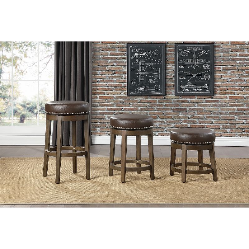 Lexicon Whitby 18 Inch Dining Height Wooden Bar Stool with Solid Wood Legs and Faux Leather Round Swivel Seat, Brown (2 Pack)