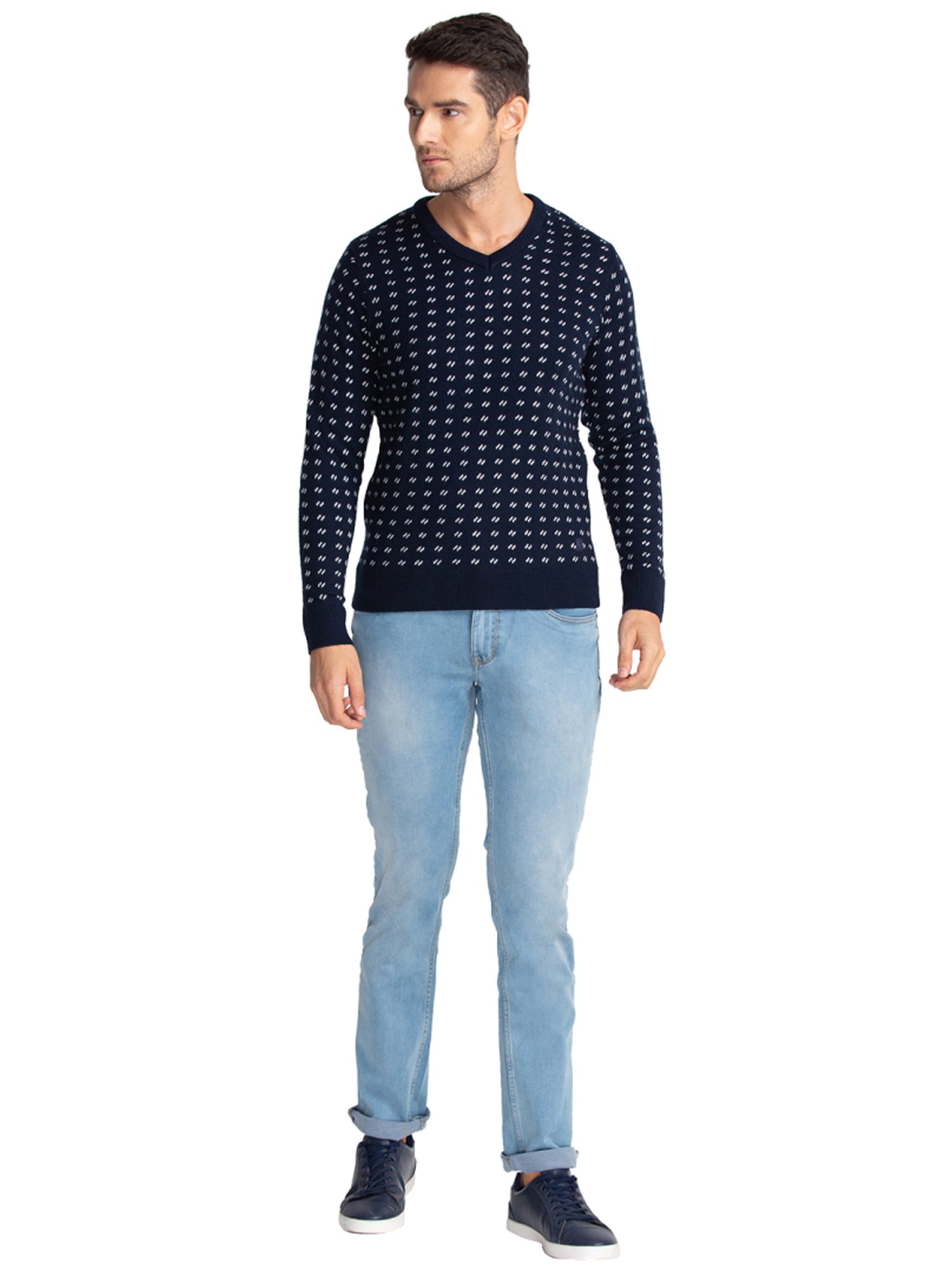 Parx Blue Regular Fit Printed Sweaters