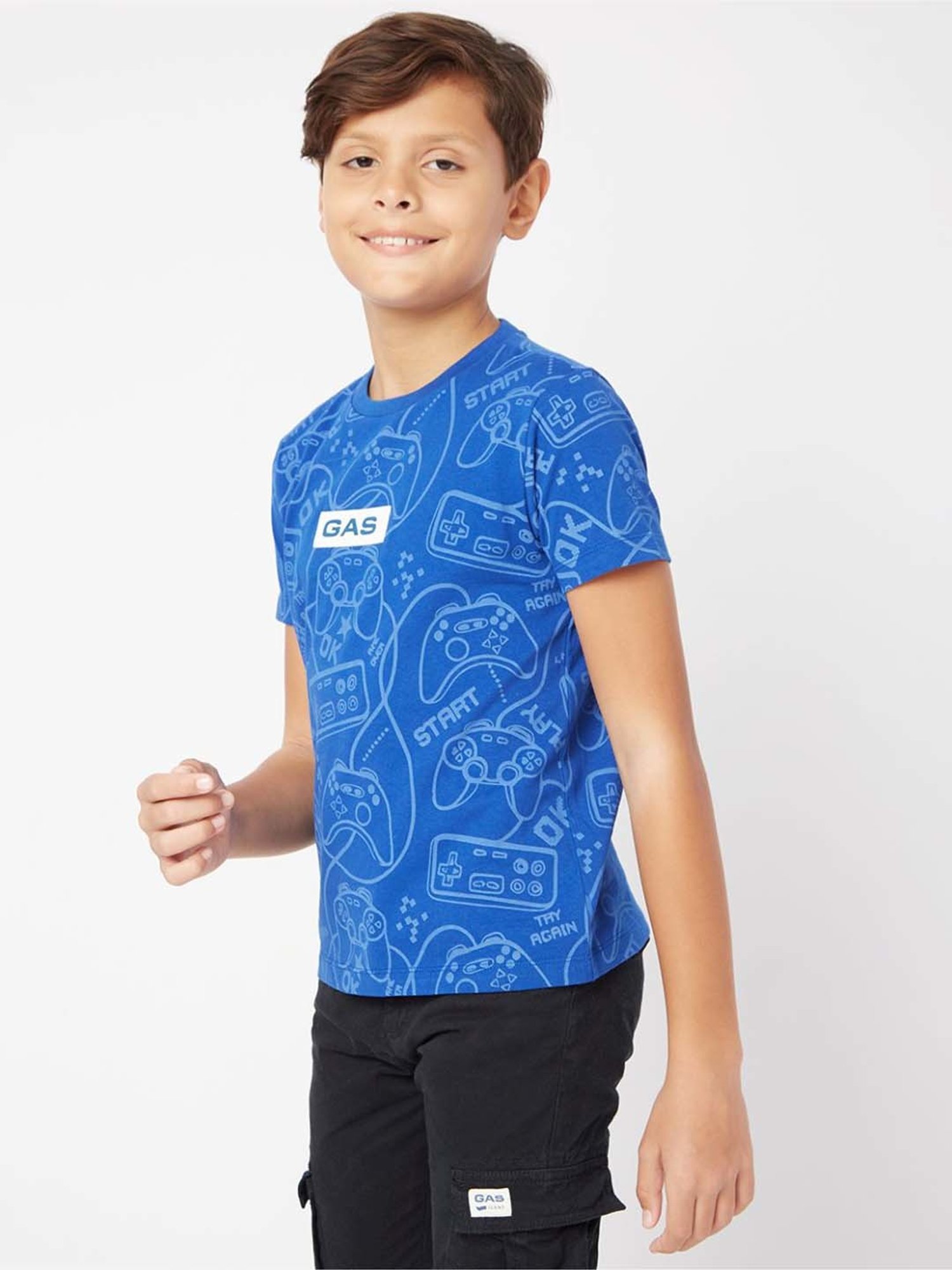 Gas Kids Blue Cotton Printed T-Shirt