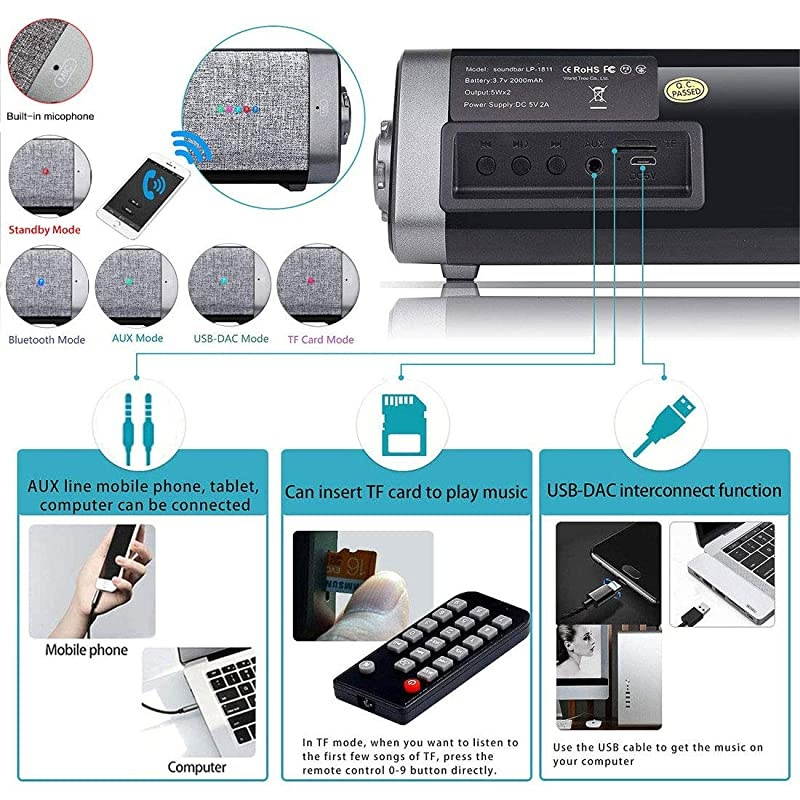 Sound Bar  Wired and Wireless Bluetooth 50 Audio Speaker Surround Sound Home Theater Builtin Subwoofers for TVPCPhonesTablets with Remote Control Support Device with AUXRCAUSB Function