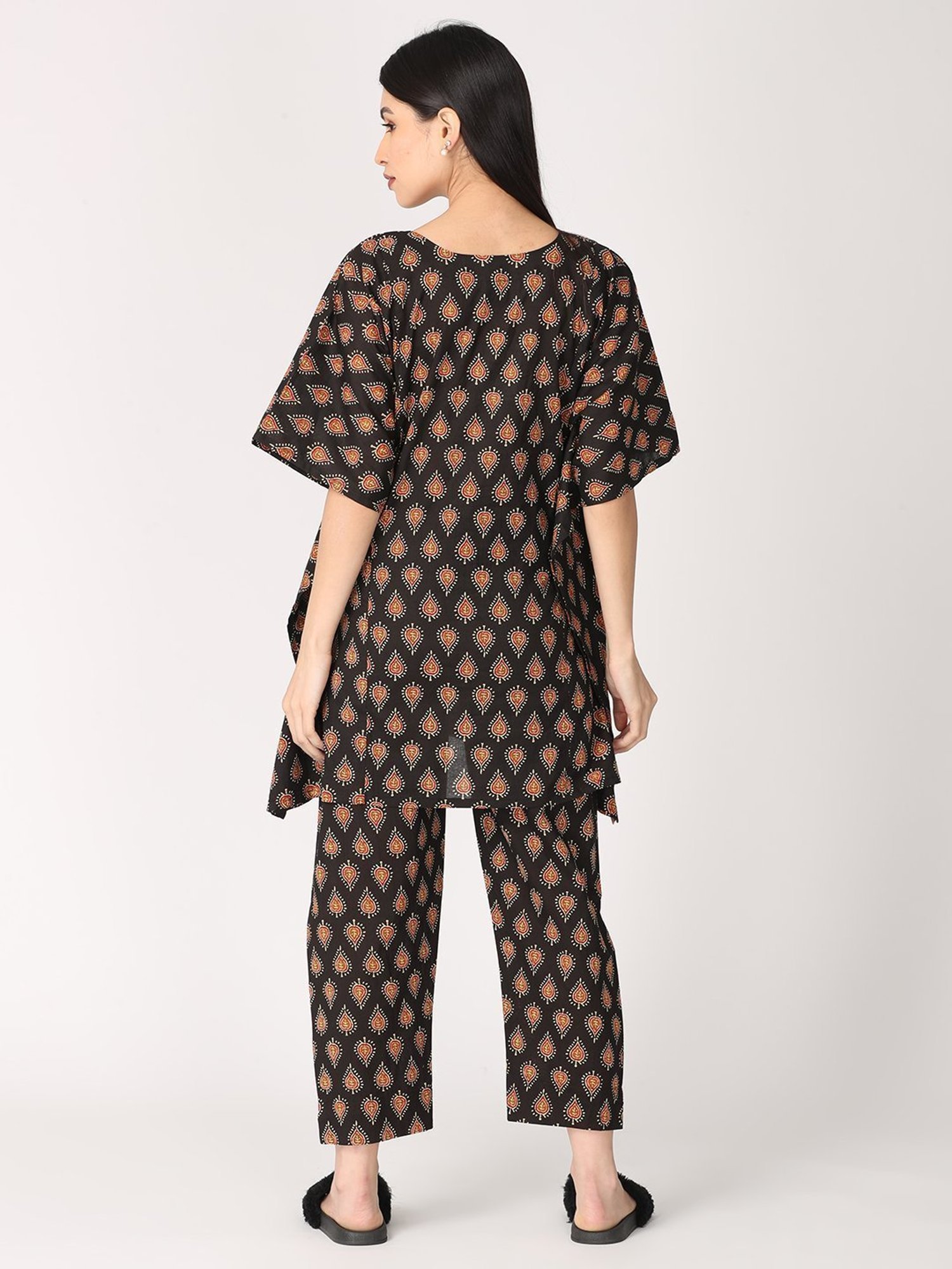 The Mom Store Black Printed Maternity Kaftan With Pyjamas