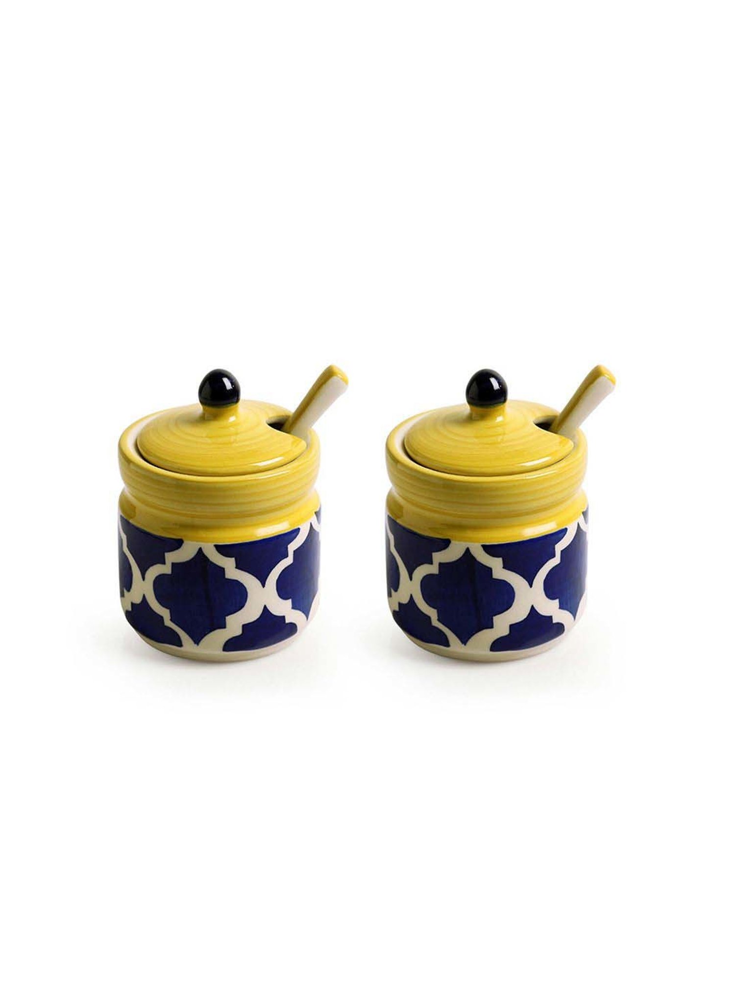 ExclusiveLane Blue & Yellow Ceramic Moroccan Pickle Jar Set with Iron Tray & Spoon