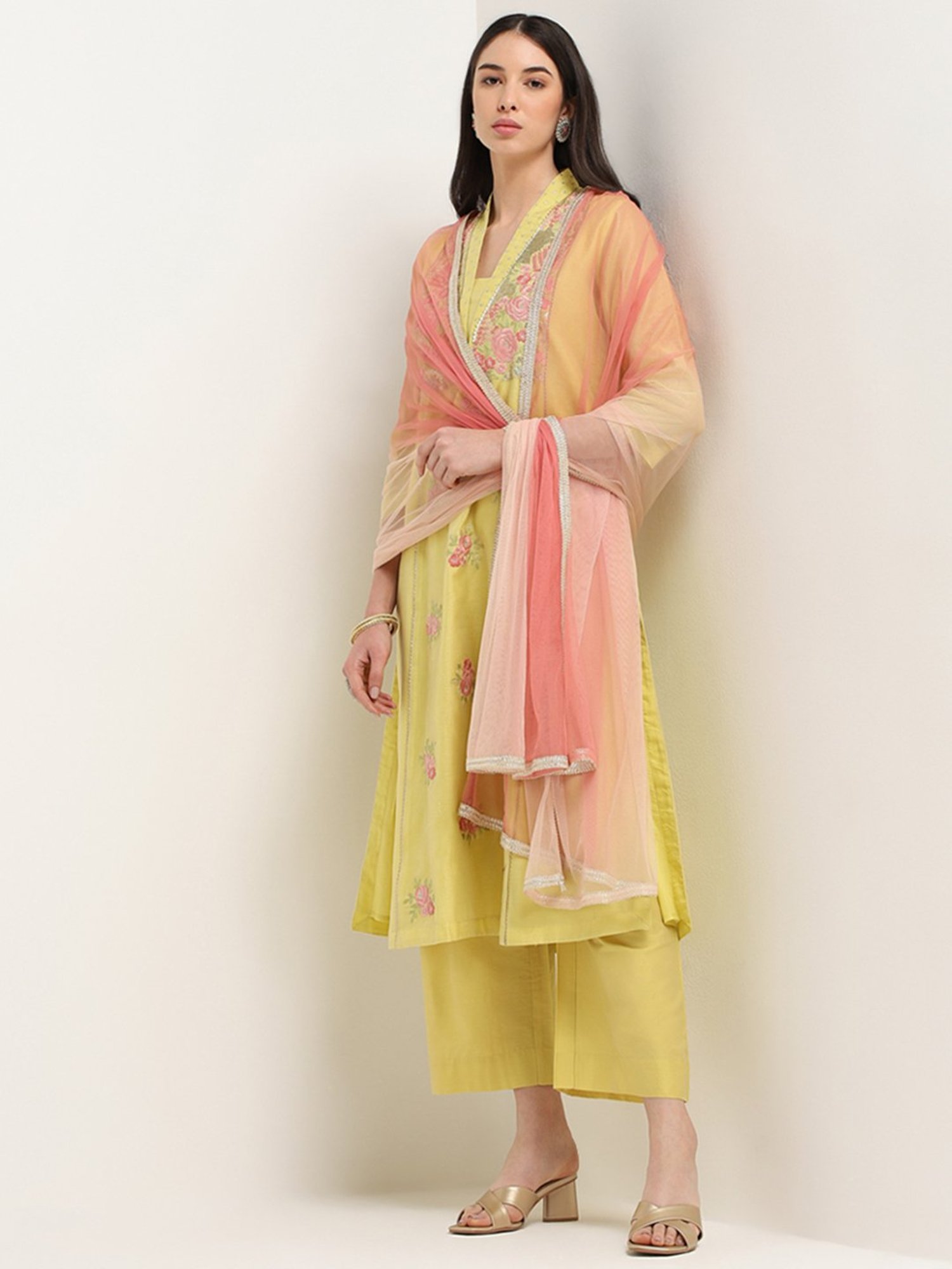 Vark by Westside Mustard Embroidered Kurta, Pants & Dupatta Set