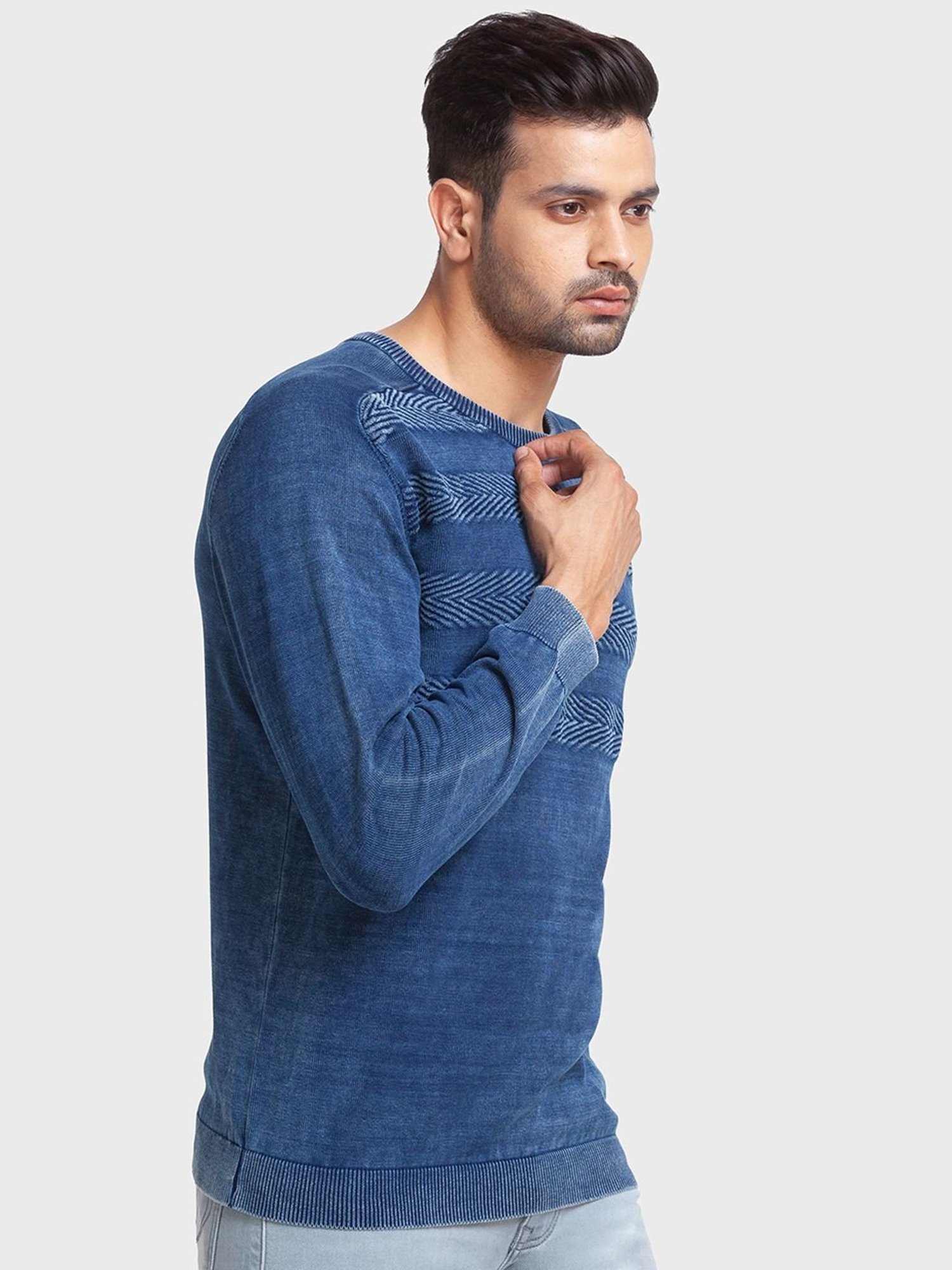 ColorPlus Blue Cotton Tailored Fit Self Pattern Sweaters
