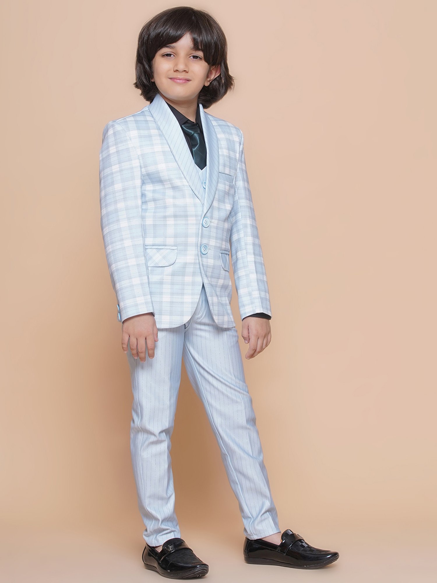 AJ Dezines Kids Sky Blue & Black Solid Full Sleeves Shirt, Pants, Coat, Waistcoat with Tie