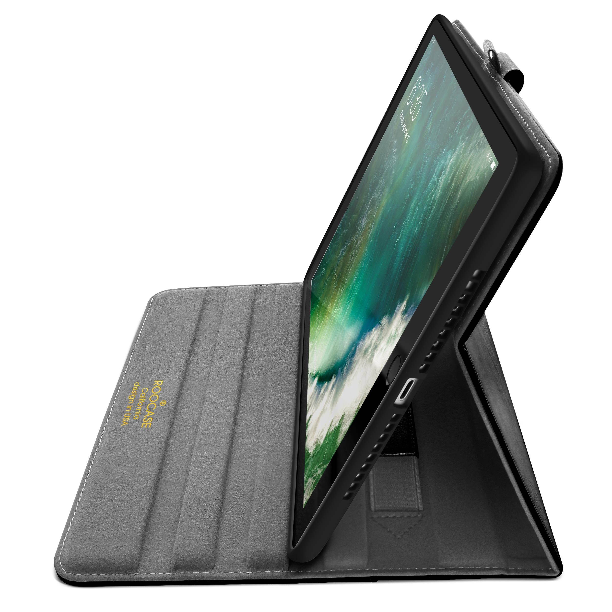 roocase ipad 9.7 2018/2017 case, premium leather folio case with apple pencil holder, multiangle viewing stand, smart cover auto sleep/wake function for apple ipad 9.7inch 2017/2018, black