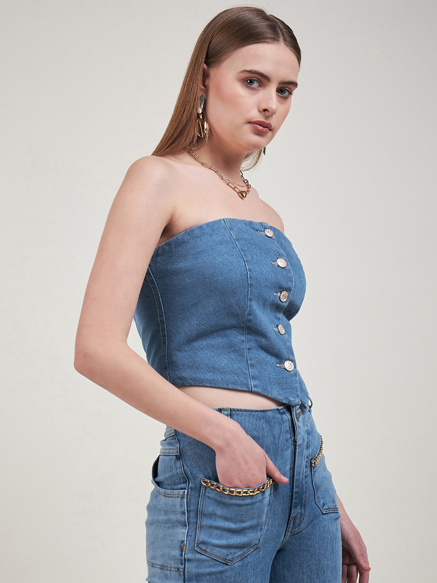 KASSUALLY Blue Denim Relaxed Fit Crop Top