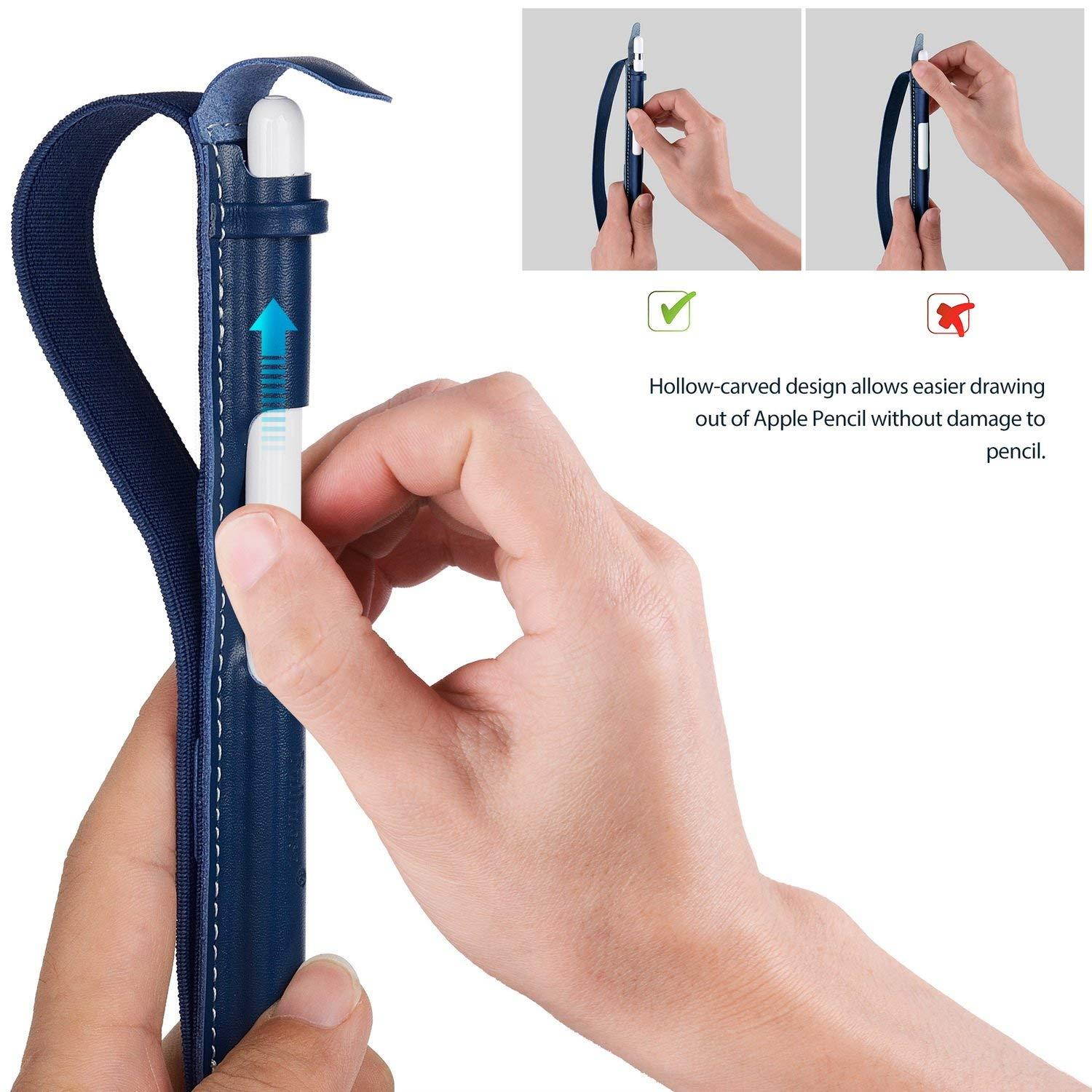 Fullmosa 4 Colors for Apple Pencil Holder, Genuine Litchi Texture Leather Apple Pencil Sleeve with USB pocket Handmade Compatible with iPad Pro 12.9" Cases, Dark Blue