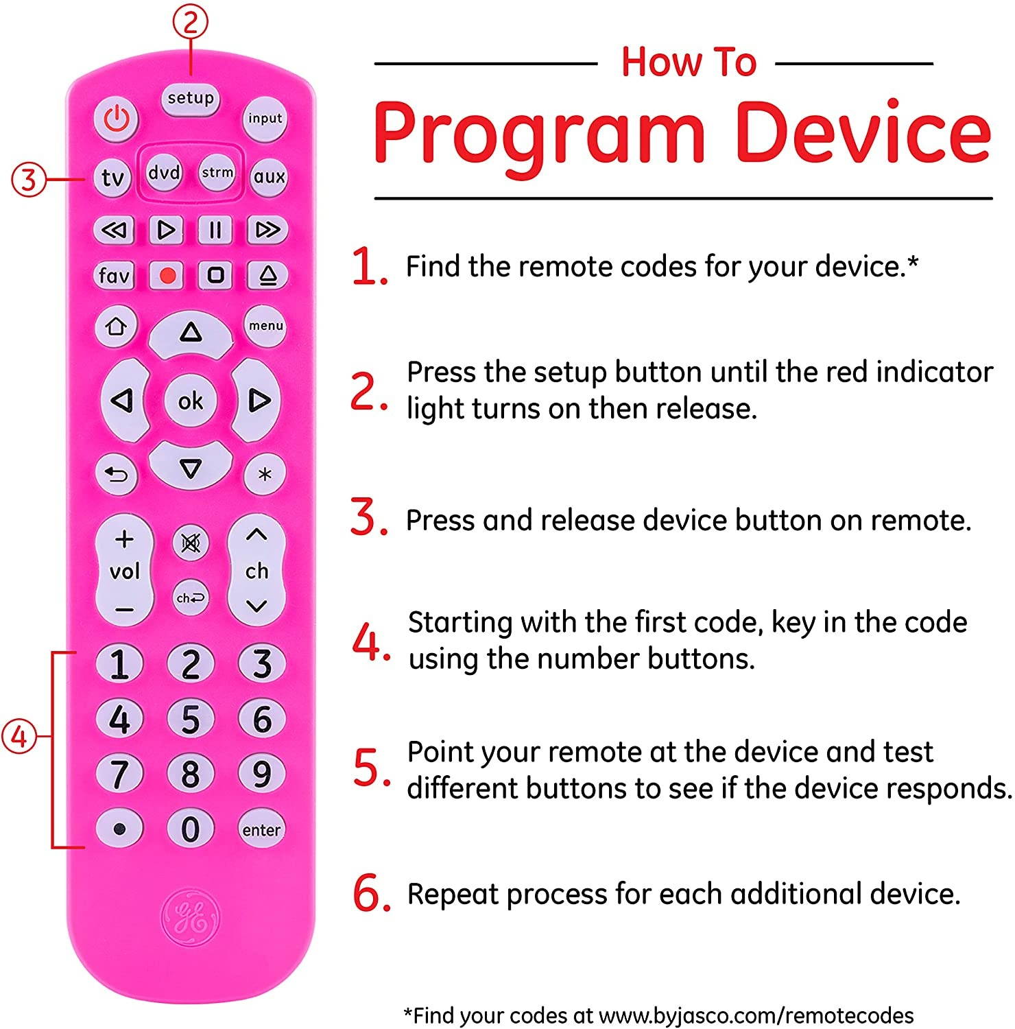 GE Backlit Universal Remote Control for Samsung, Vizio, LG, Sony, Sharp, Roku, Apple TV, RCA, Panasonic, Smart TV, Streaming Players, Blu-Ray, DVD, 4-Device, Purple, 45765 Purple, Backlit