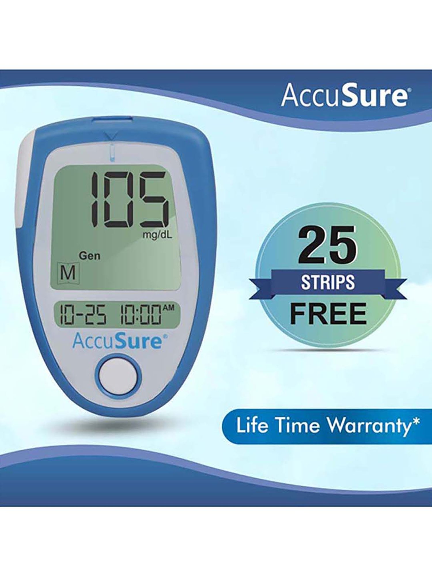 AccuSure Blood Glucometer, Lancing device with Pack of 75 strips (White)