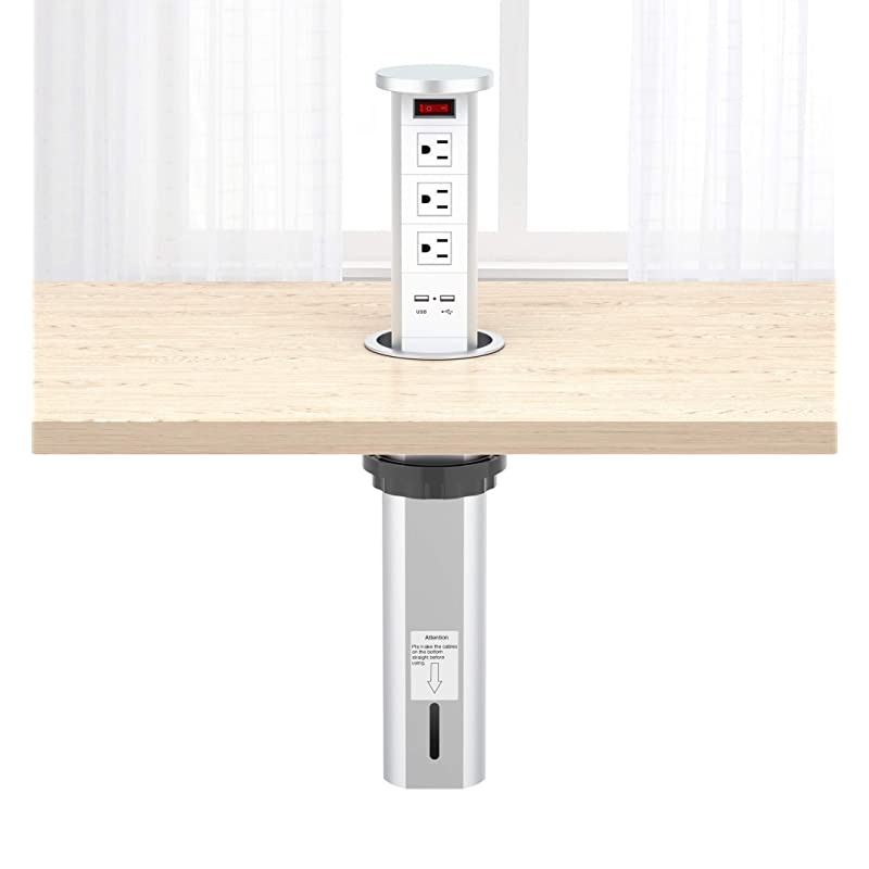 Raising Type Surge Protector Pop up Outlet Retractable Hidden Recessed Power Strip Power Socket with 2 USB Charging Stations and 3 AC Plug for Kitchen IslandCounter top Conference Table