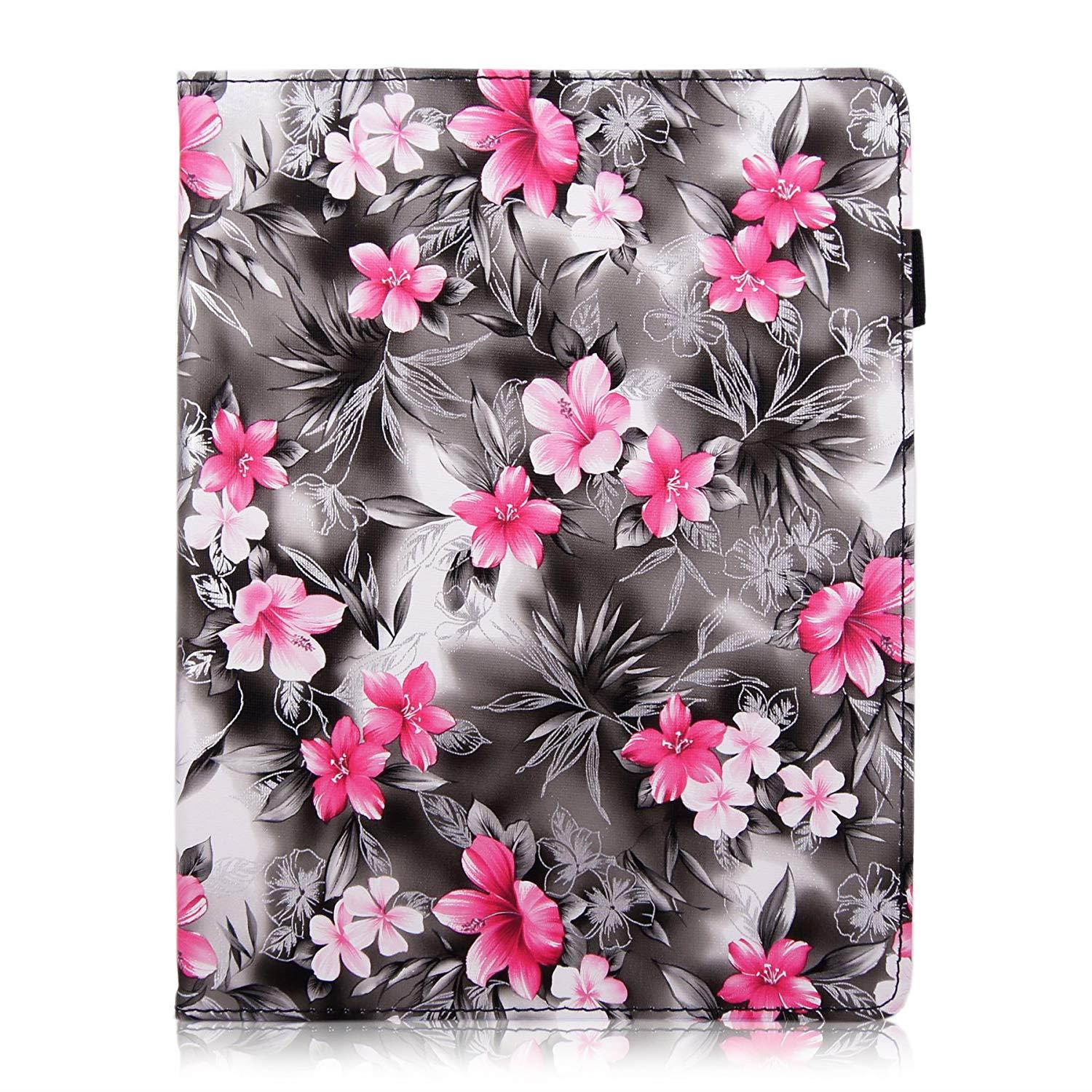Cellularvilla Case for Apple iPad 2/3/4 iPad 1 iPad 2 iPad 3 iPad 4 Genration Black Pink Flower Pu Leather Flip Folio Elastic Hand Strap Card Holder Stand Case Cover Protector