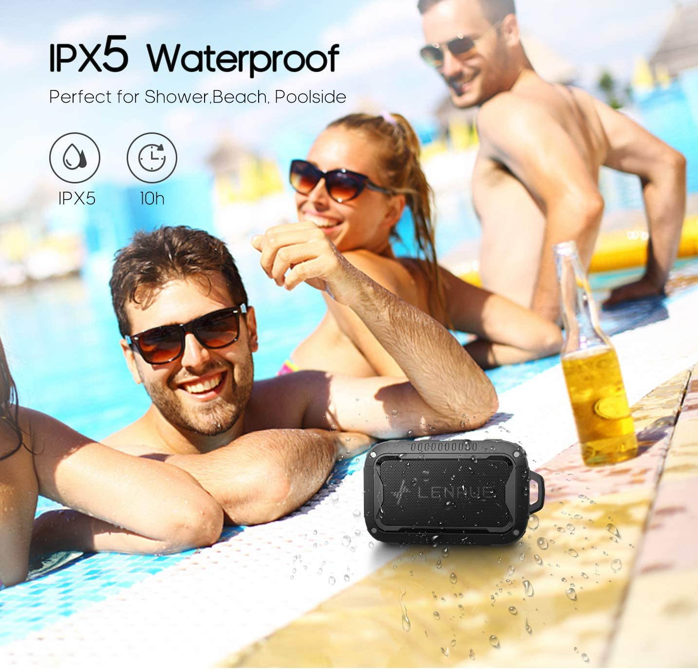 Waterproof Bluetooth Speakers V5.0,Portable Wireless Speaker for Outdoor,10W,10H Playtime,for PC Tablet Laptop Computer,All Andriod iPhone Cell Phone,Perfect for Hiking,Camping,Cyclying Sports (BLACK)