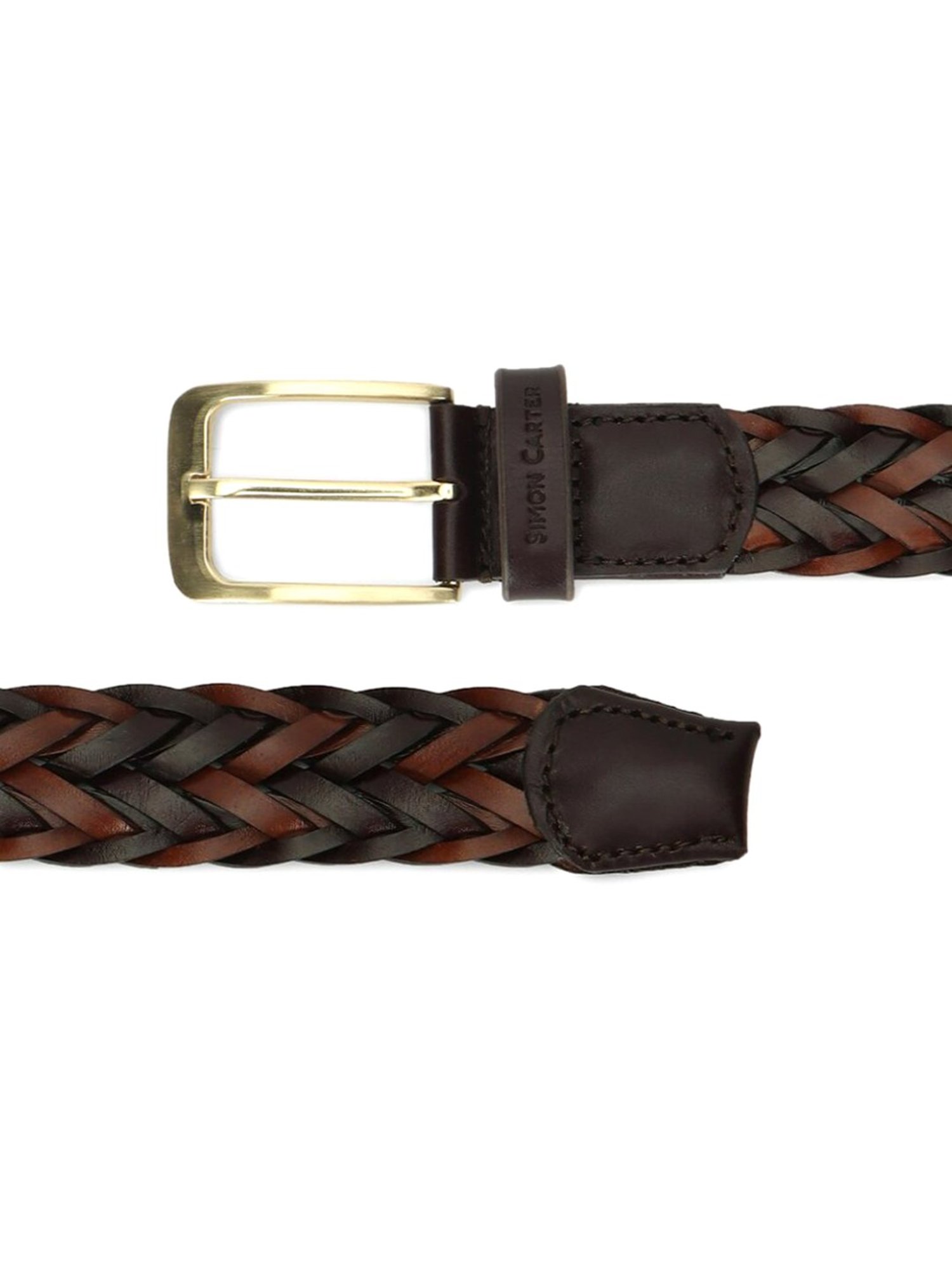 Simon Carter Brown Leather Woven Casual Belt for Men