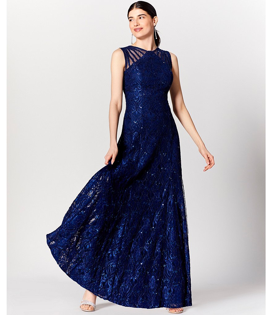 R & M Richards Illusion Shoulder Sleeveless Lace Gown