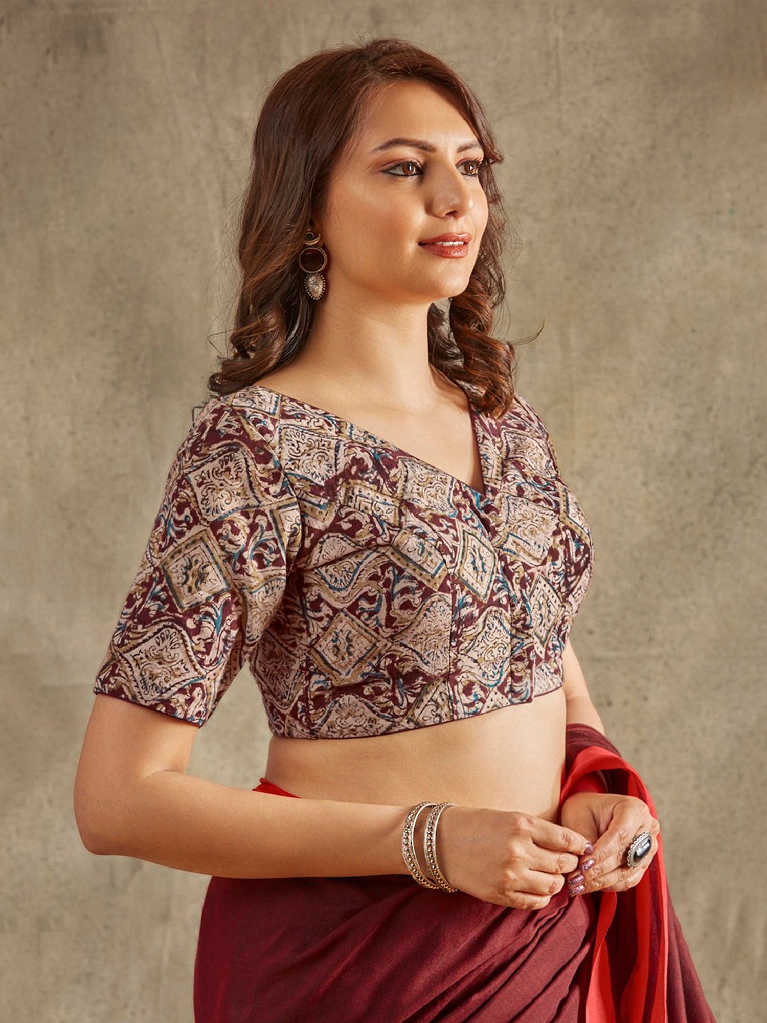 Salwar Studio Beige & Maroon Printed Readymade Blouse