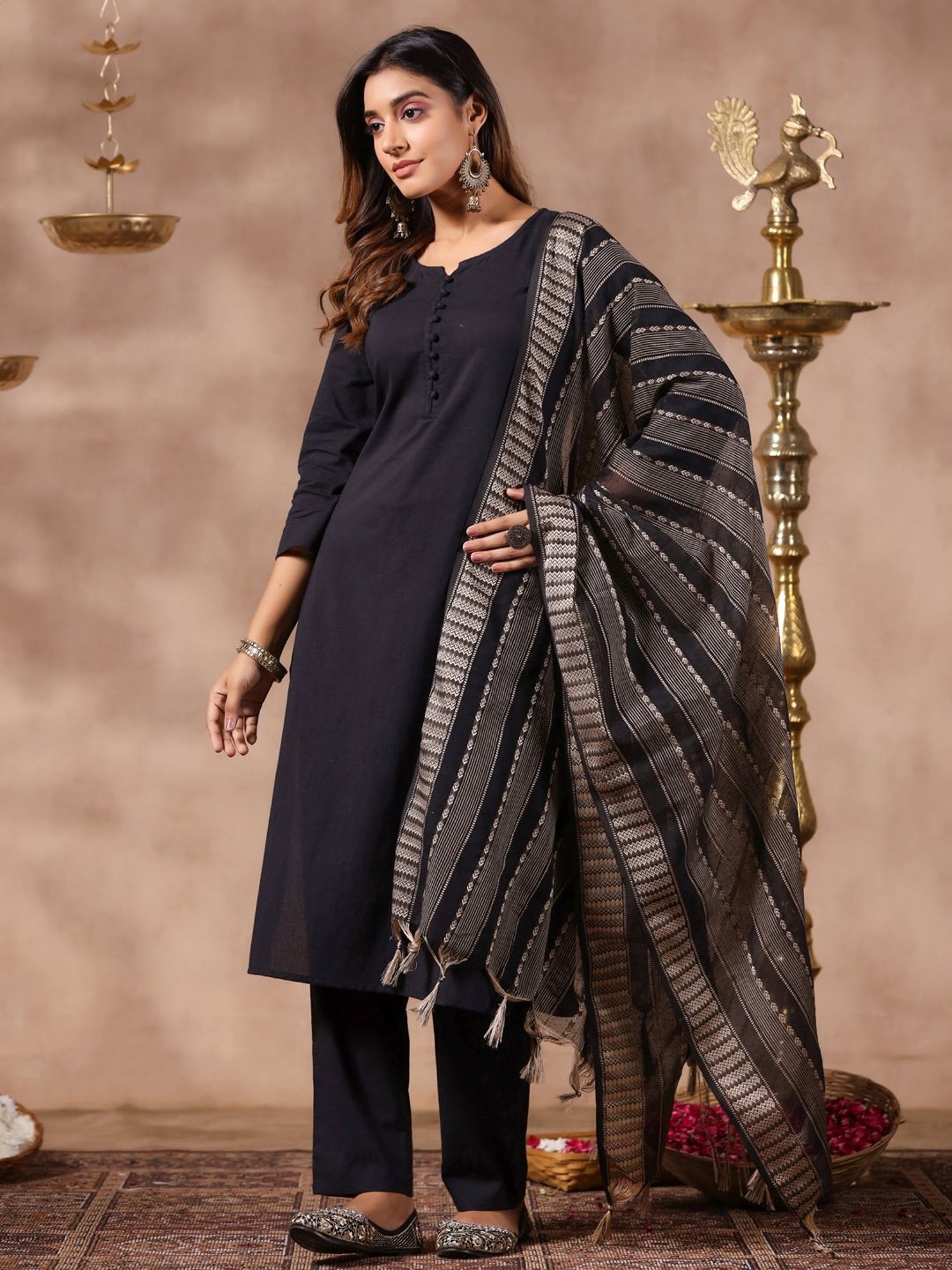 Anubhutee Black Cotton Kurta Pant Set With Dupatta