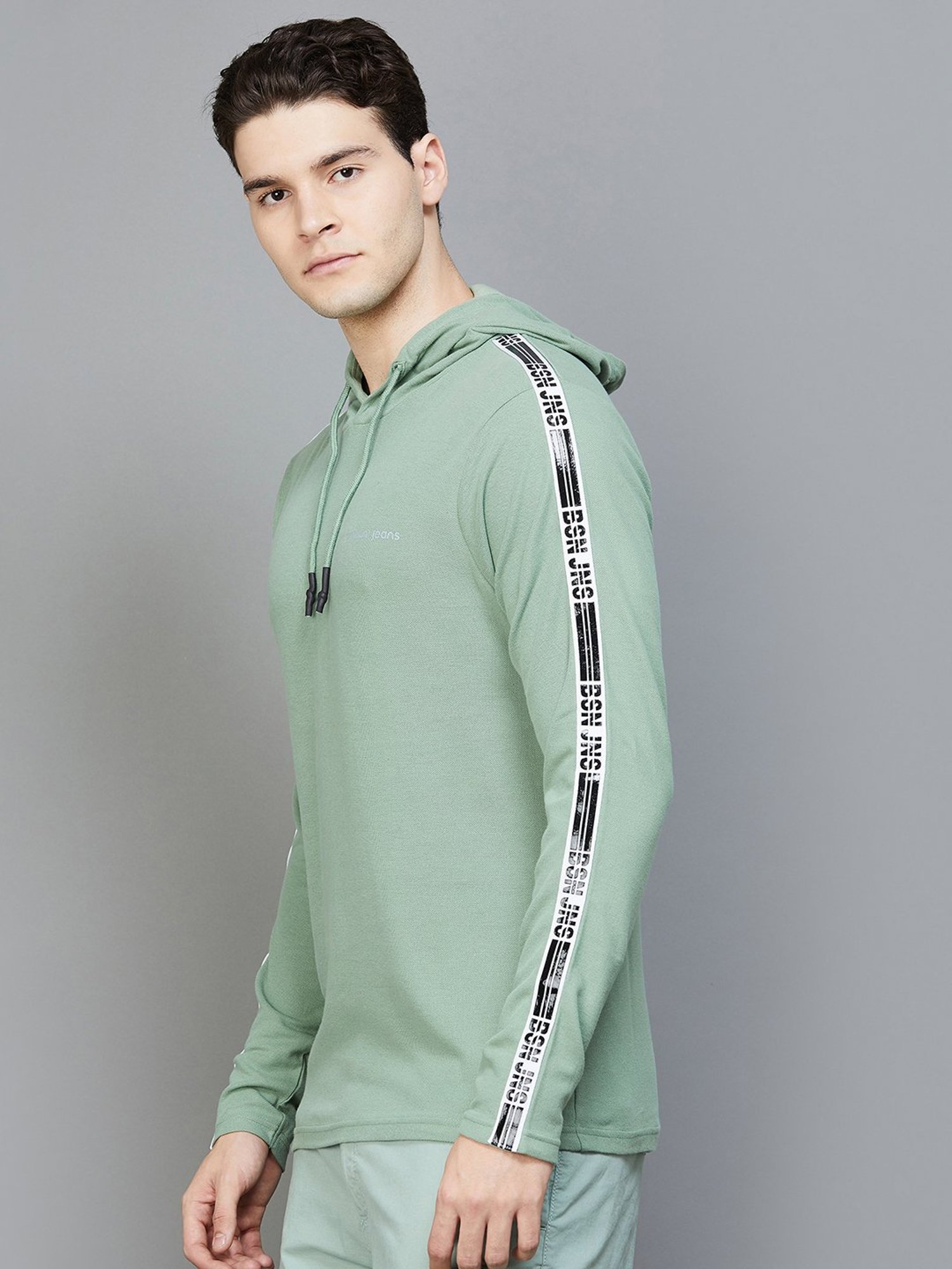 BOSSINI Sage Green Regular Fit Printed Hooded T-Shirt