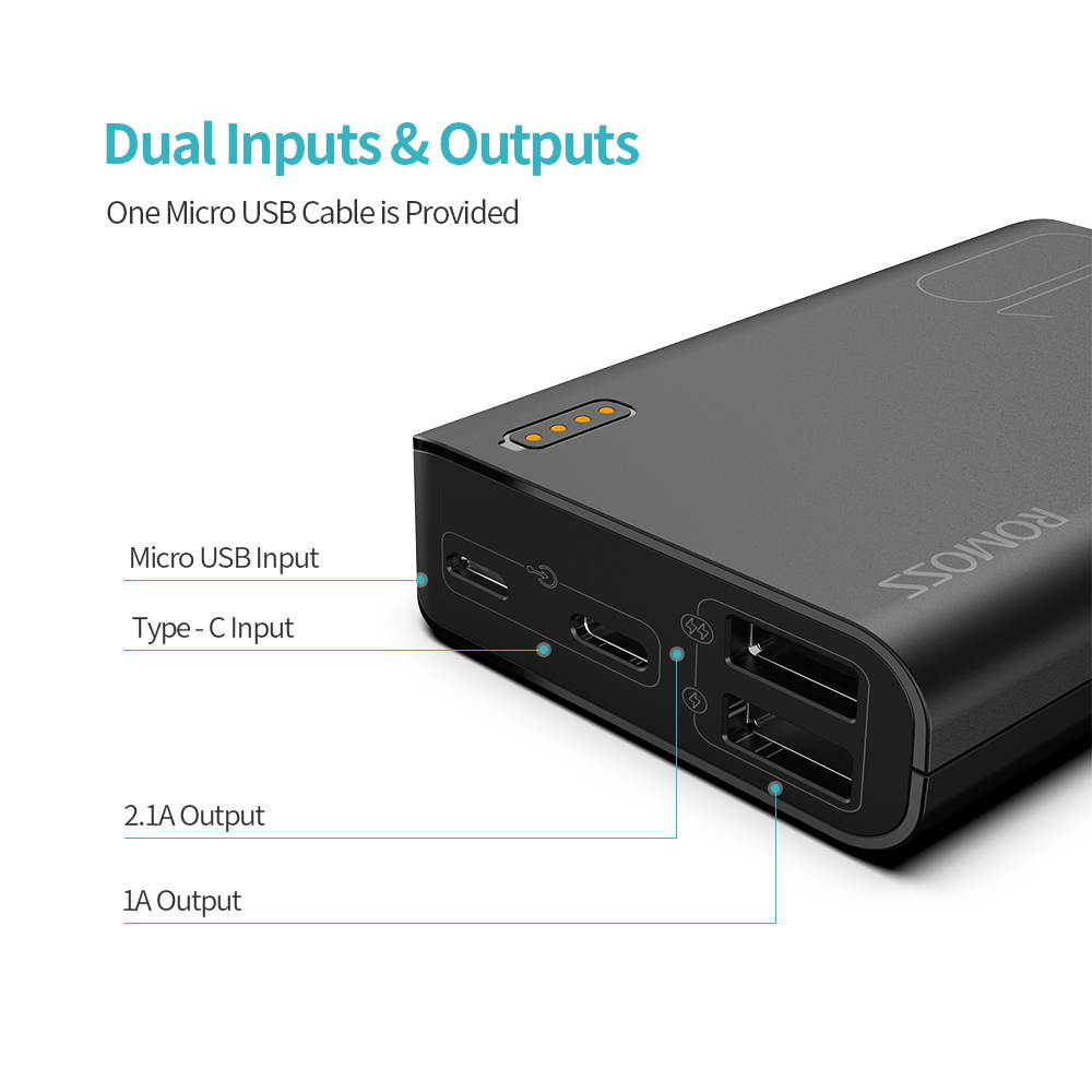 ROMOSS Power Bank 10000mAh Portable Charger with 2 USB Ports External Battery Pack with LED Indicator for Smartphone, Tablets and Other Devices