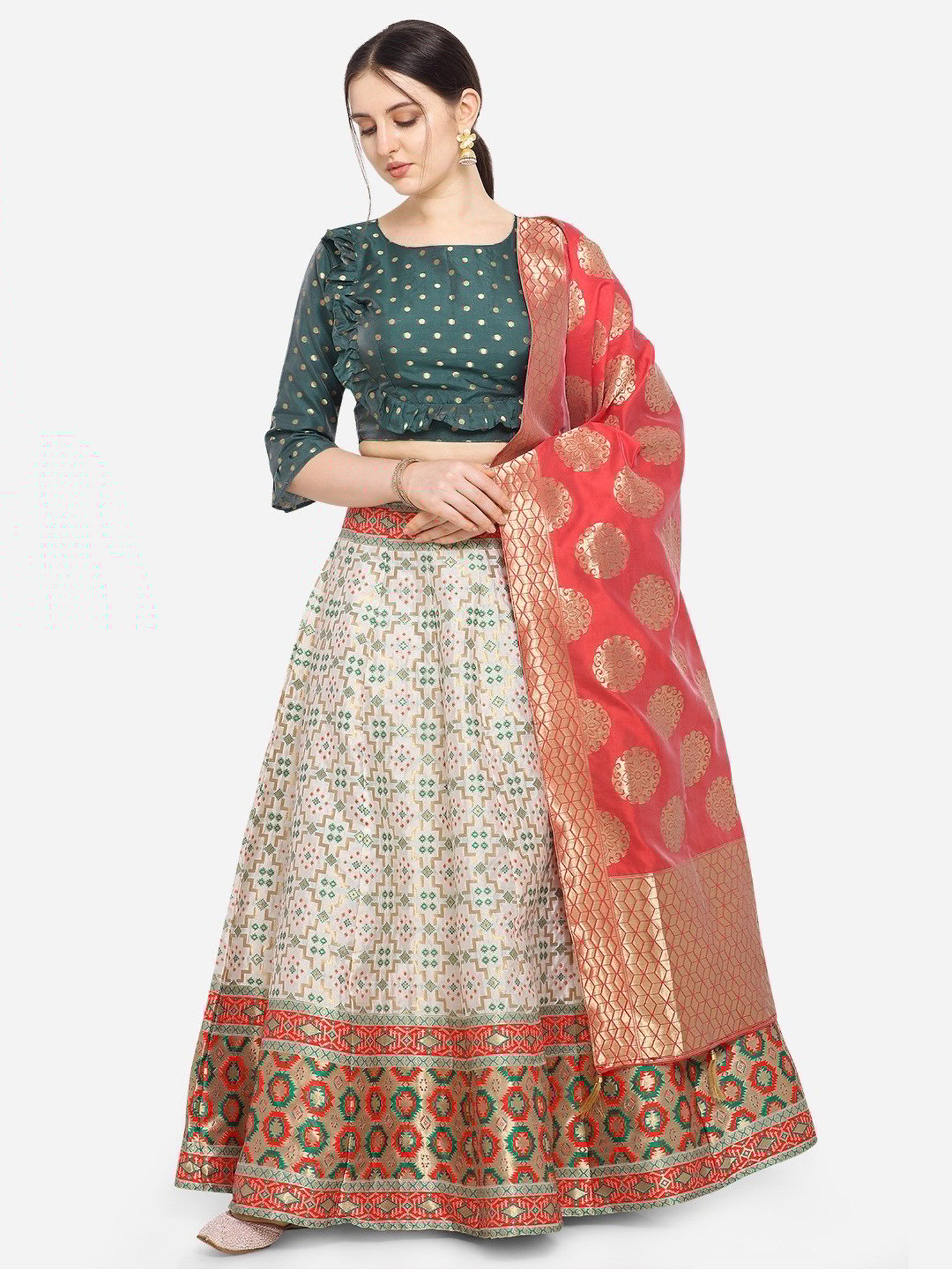 PURVAJA Off White Printed Stitched Lehenga & Unstitched Blouse With Dupatta