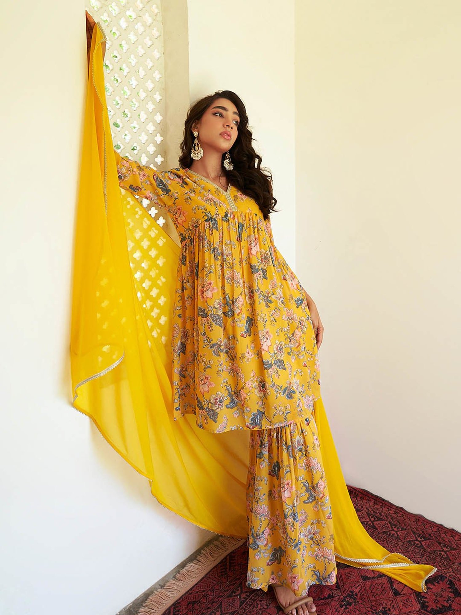 Janasya Yellow Floral Print Kurta With Sharara & Dupatta
