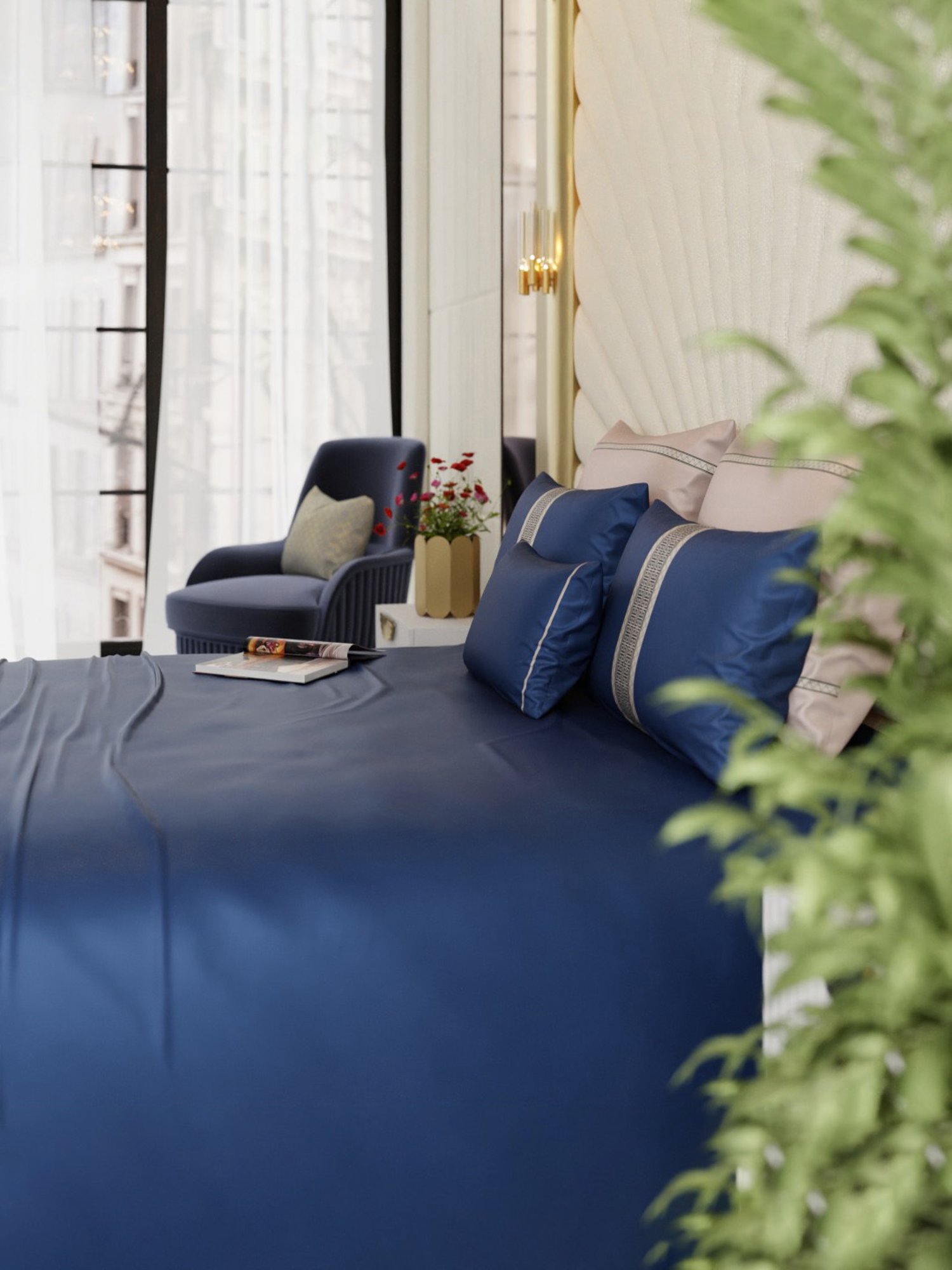 Stoa Paris Sapphire Splendour Navy Blue 300 TC Polyester Super king Crown of Versailles Bedding Set