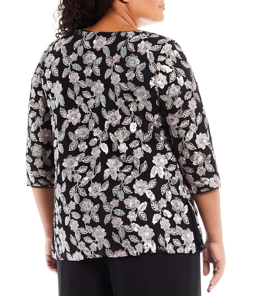 Alex Evenings Plus Size Jewel Neck 3/4 Sleeve Floral Sequin Embroidered Tunic