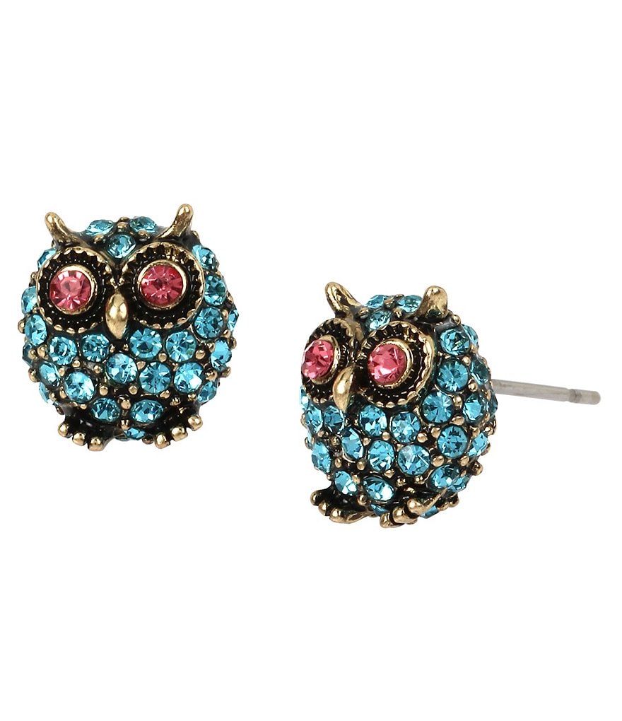 Betsey Johnson Pave Owl Stud Earrings