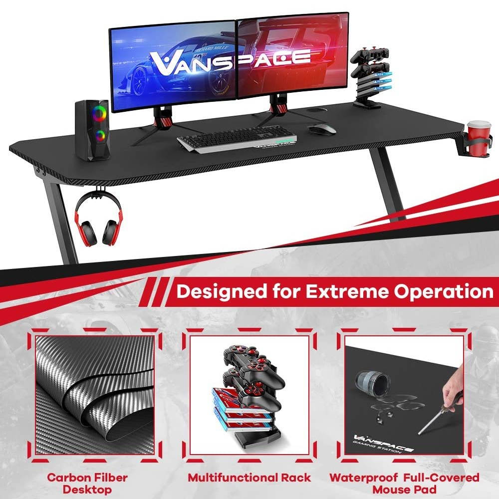 55 Inch Ergonomic Gaming Desk with Free Mouse Pad, Z-Shaped Office Desk PC Computer Desk Racing Gaming Table Gamer Workstation with Cup Holder & Headphone Hook, Cable Manage
