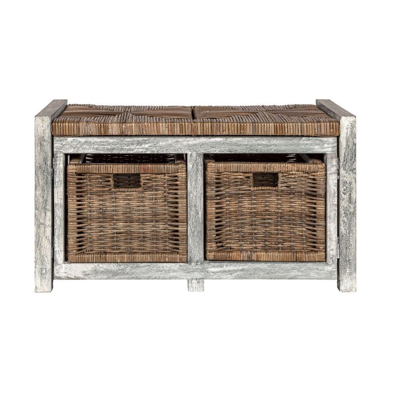 happimess Rustic 30" 2 Drawer Wicker Storage Bench, Gray 
